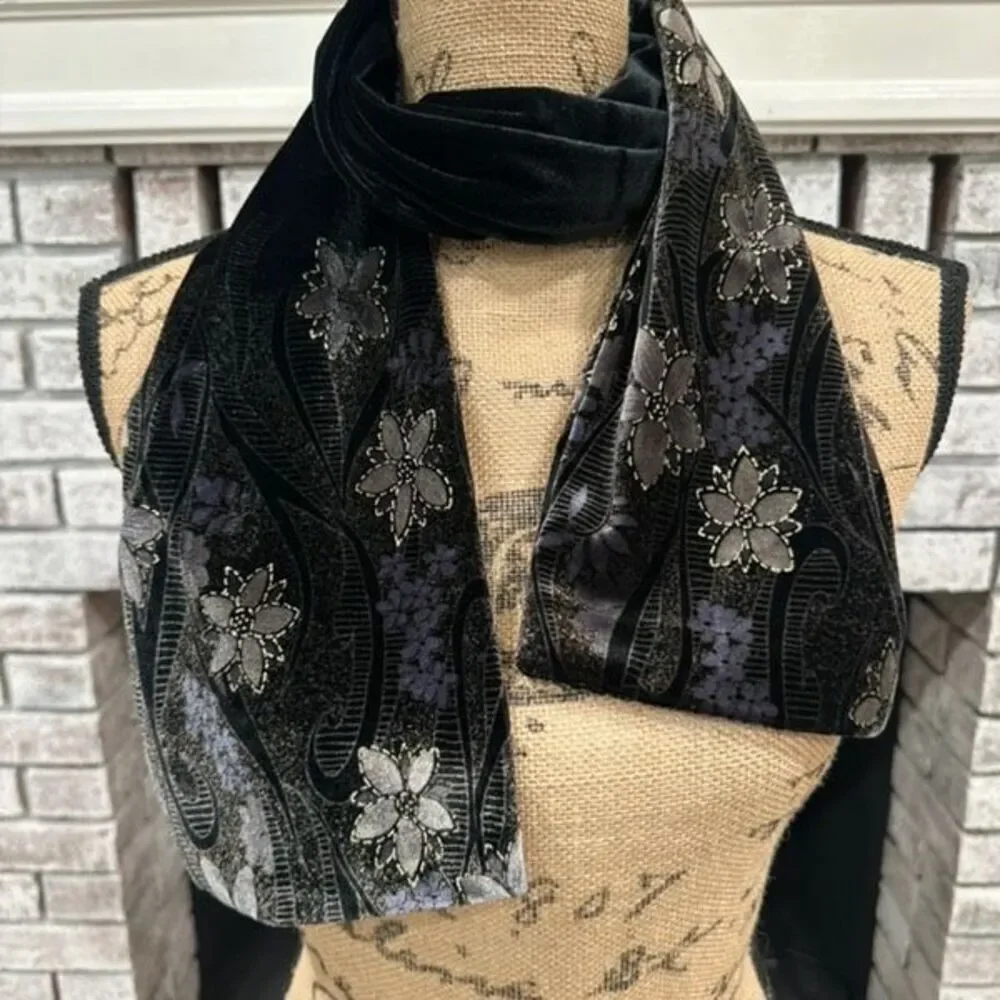 Stunning Vintage Black Velvet Embossed Scarf‎ Floral Fairy  Fairycore Whimsigoth